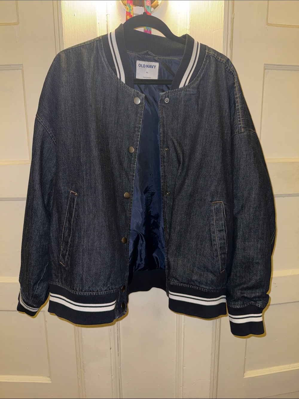 Old Navy Navy Denim Bomber Jacket with Striped Ribbing